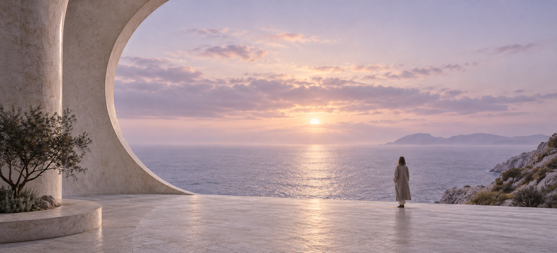 A person looking toward a calm ocean through a circular opening in pale stone architecture